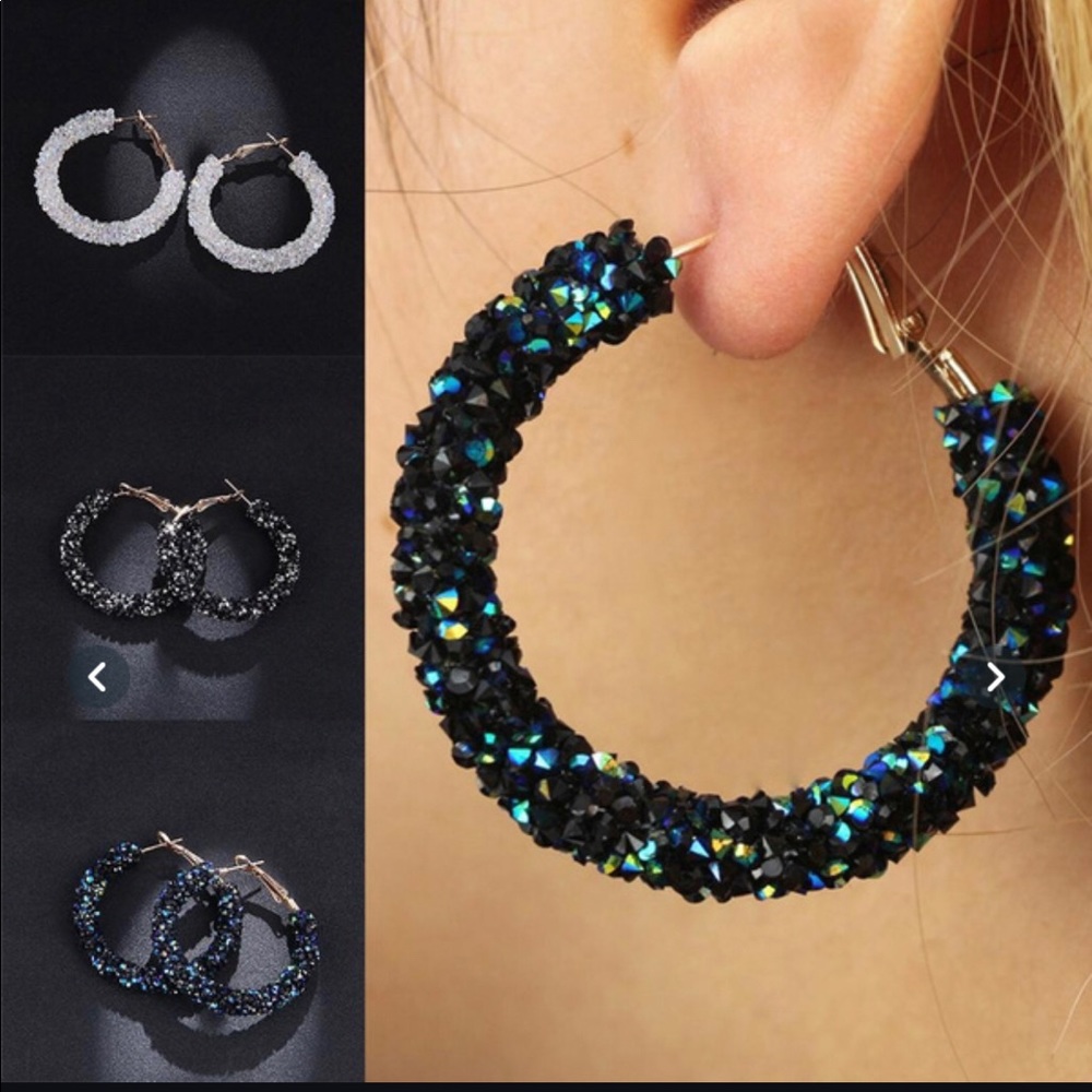 Blue Crystal Rhinestone Beaded Hoop Earrings